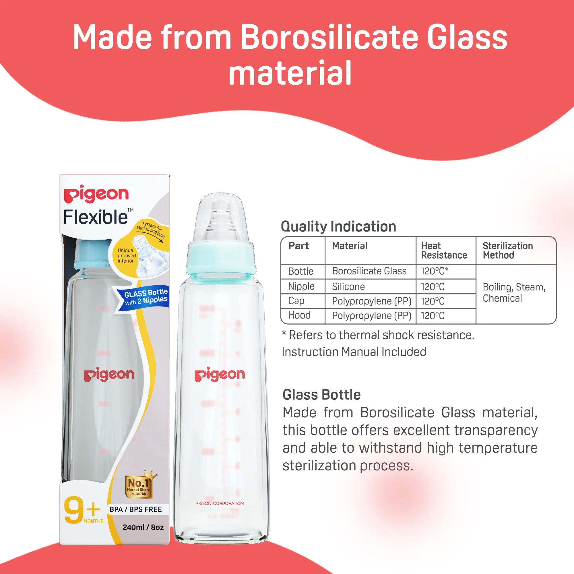 Glass Feeding Bottle 240ml with Add Nipple L - Image 7