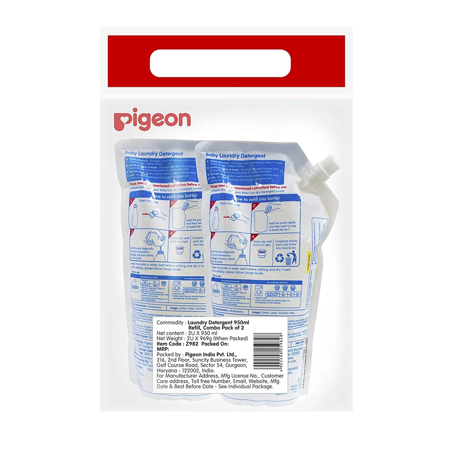 Pigeon Baby Liquid Laundry Detergent, with Plant Extracts, Anti-Bacterial, Alcohol Free, 950 ml Refill Pack of 2 - Image 3